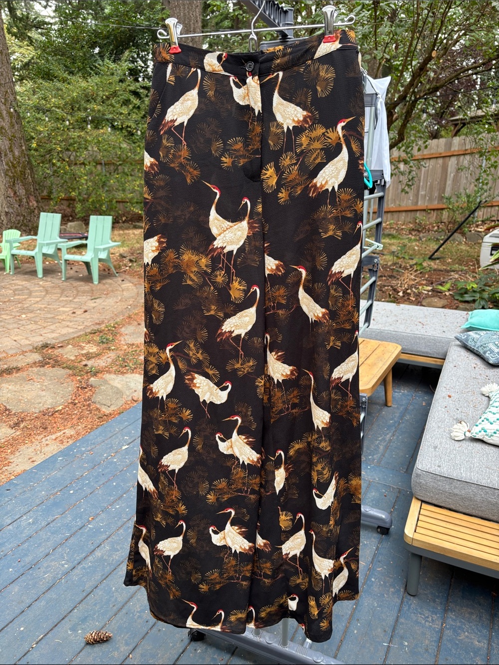 Zara Black Wide-Leg Pants with Cream & Gold Crane Print